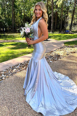 Metallic Grey Mermaid Prom Dress with Halter Neck and Slit