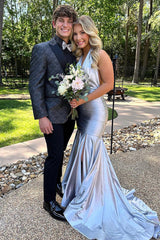 Metallic Grey Mermaid Prom Dress with Halter Neck and Slit