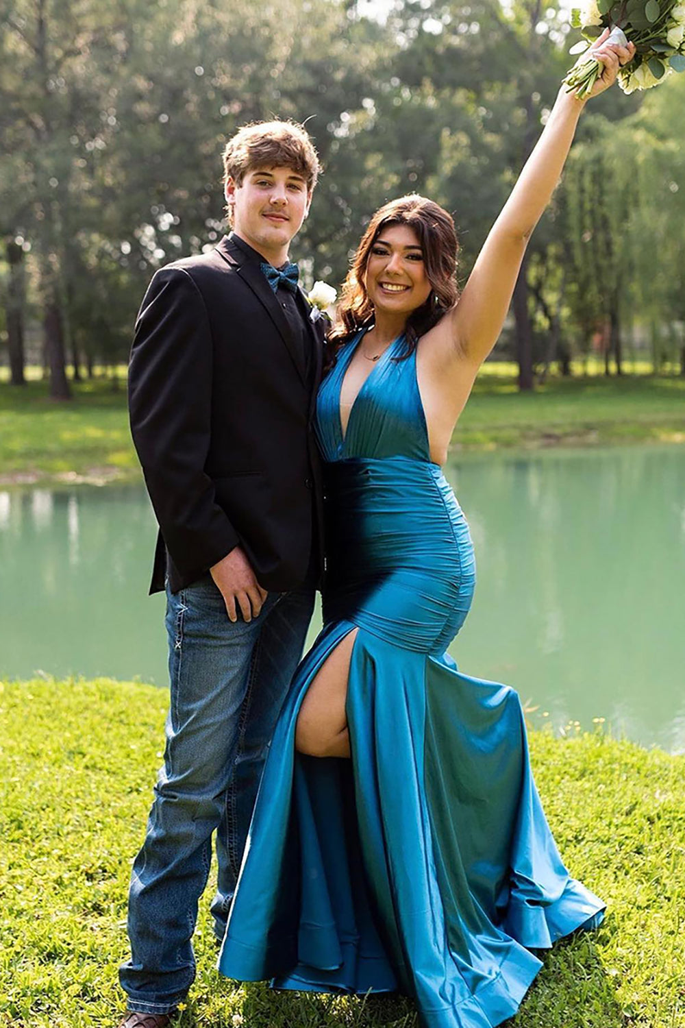 Metallic Grey Mermaid Prom Dress with Halter Neck and Slit