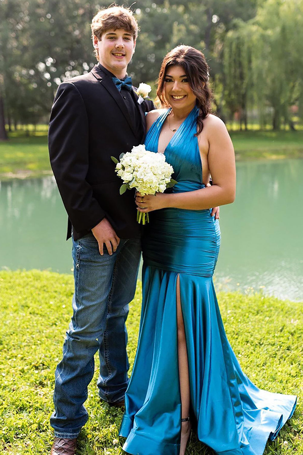 Metallic Grey Mermaid Prom Dress with Halter Neck and Slit