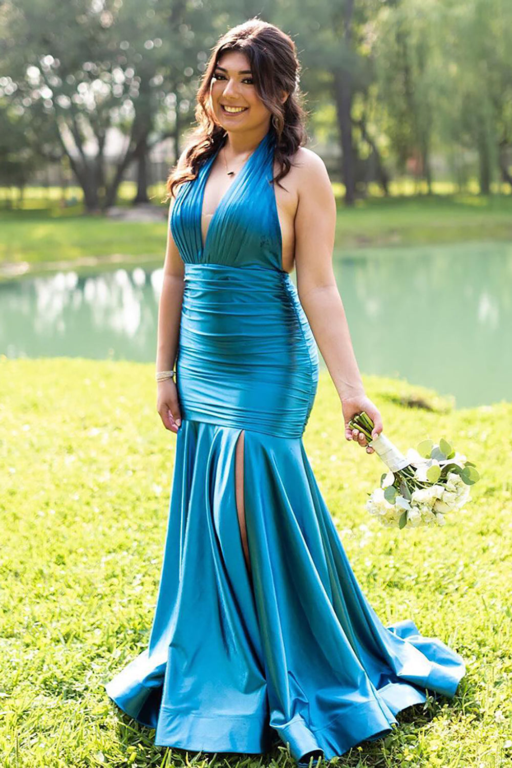 Metallic Grey Mermaid Prom Dress with Halter Neck and Slit