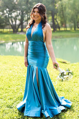 Metallic Grey Mermaid Prom Dress with Halter Neck and Slit