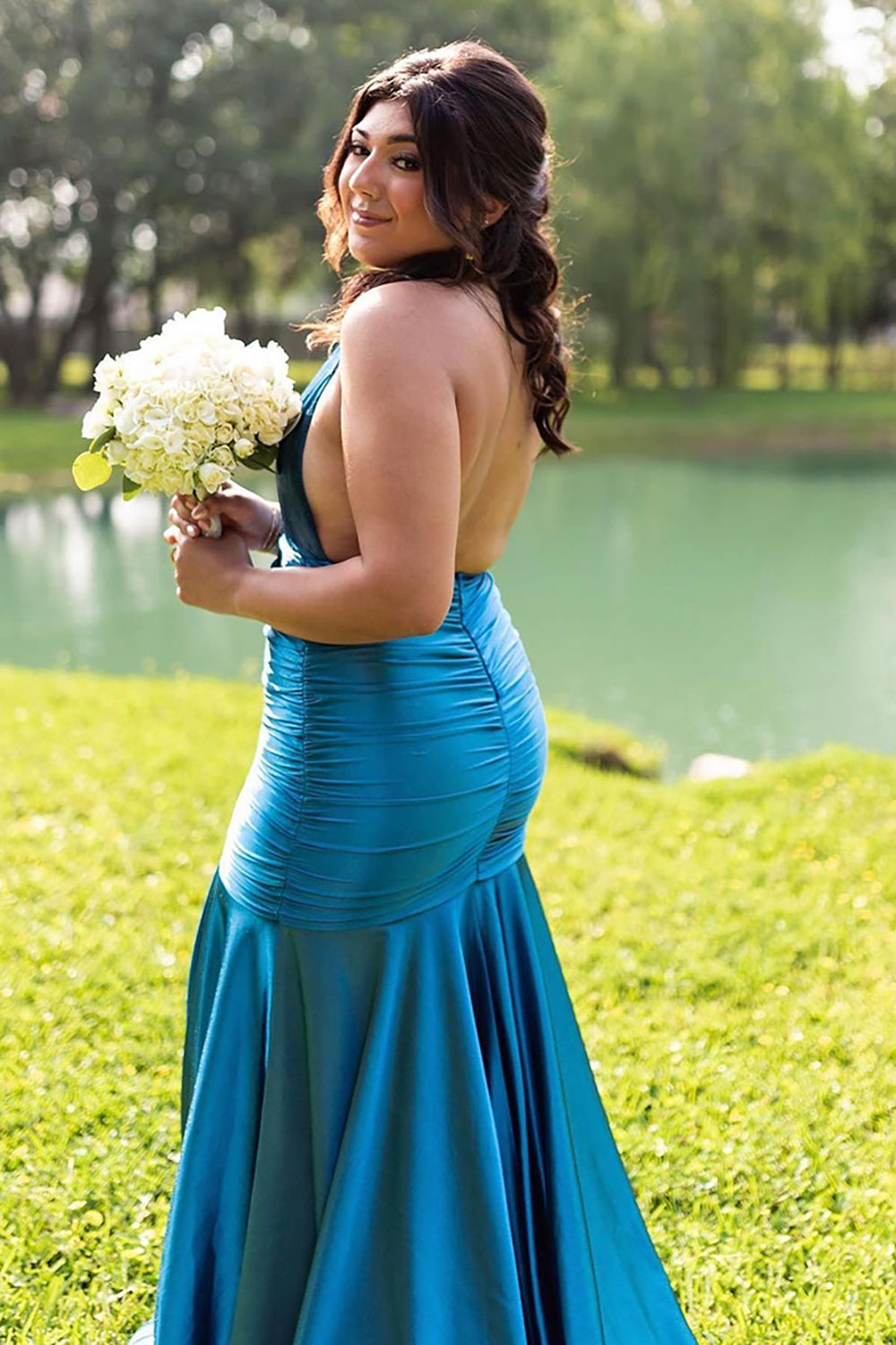 Metallic Grey Mermaid Prom Dress with Halter Neck and Slit