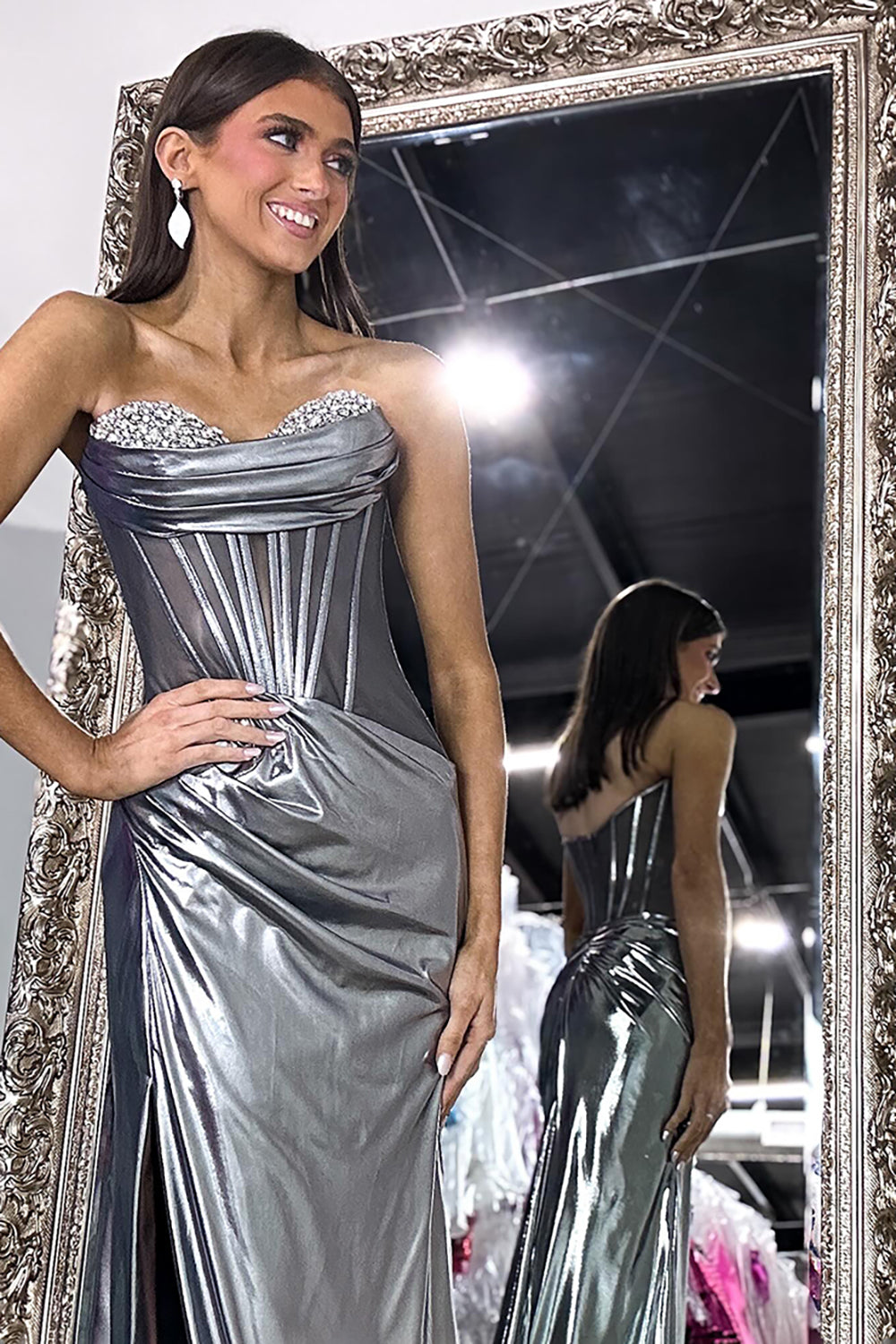 Long Silver Metallic Corset Prom Dress with Beading in Sweetheart Mermaid Style