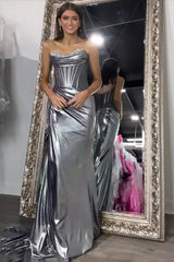 Long Silver Metallic Corset Prom Dress with Beading in Sweetheart Mermaid Style