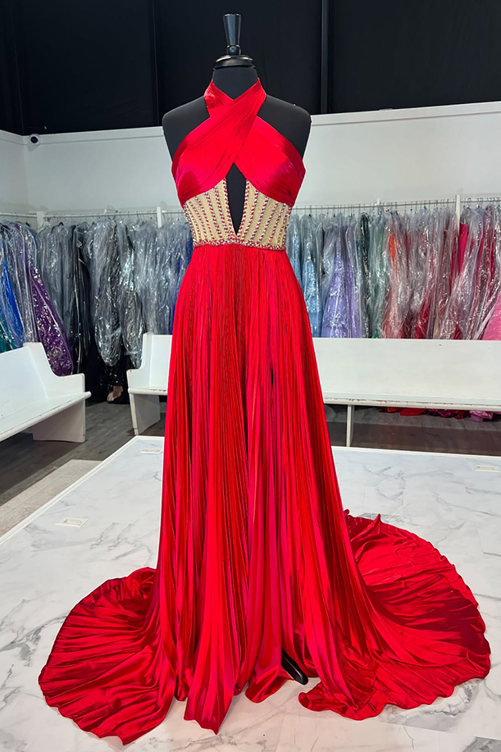 Elegant Royal Blue A-Line Satin Prom Dress with Halter Neck and Beaded Details