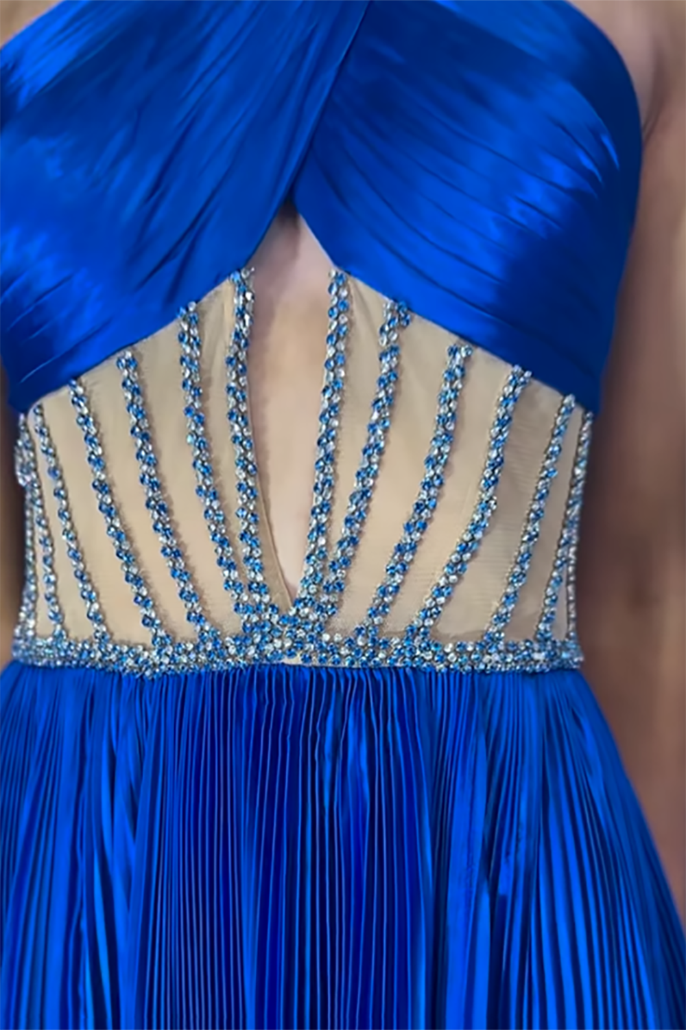 Elegant Royal Blue A-Line Satin Prom Dress with Halter Neck and Beaded Details