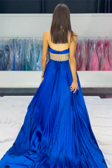 Elegant Royal Blue A-Line Satin Prom Dress with Halter Neck and Beaded Details