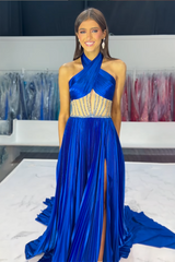 Elegant Royal Blue A-Line Satin Prom Dress with Halter Neck and Beaded Details