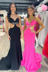 Long Prom Dress with Fuchsia Spaghetti Straps Mermaid Cut-out and Bow