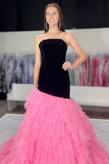 Long Strapless Prom Dress in Black Pink with Mermaid Silhouette and Tiered Tulle
