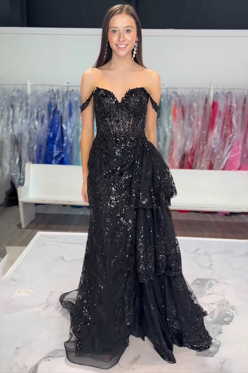 Black Sparkle Off-Shoulder Corset Prom Dress with Mermaid Silhouette and Tiered Tulle Applique