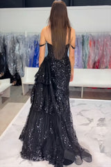 Black Sparkle Off-Shoulder Corset Prom Dress with Mermaid Silhouette and Tiered Tulle Applique