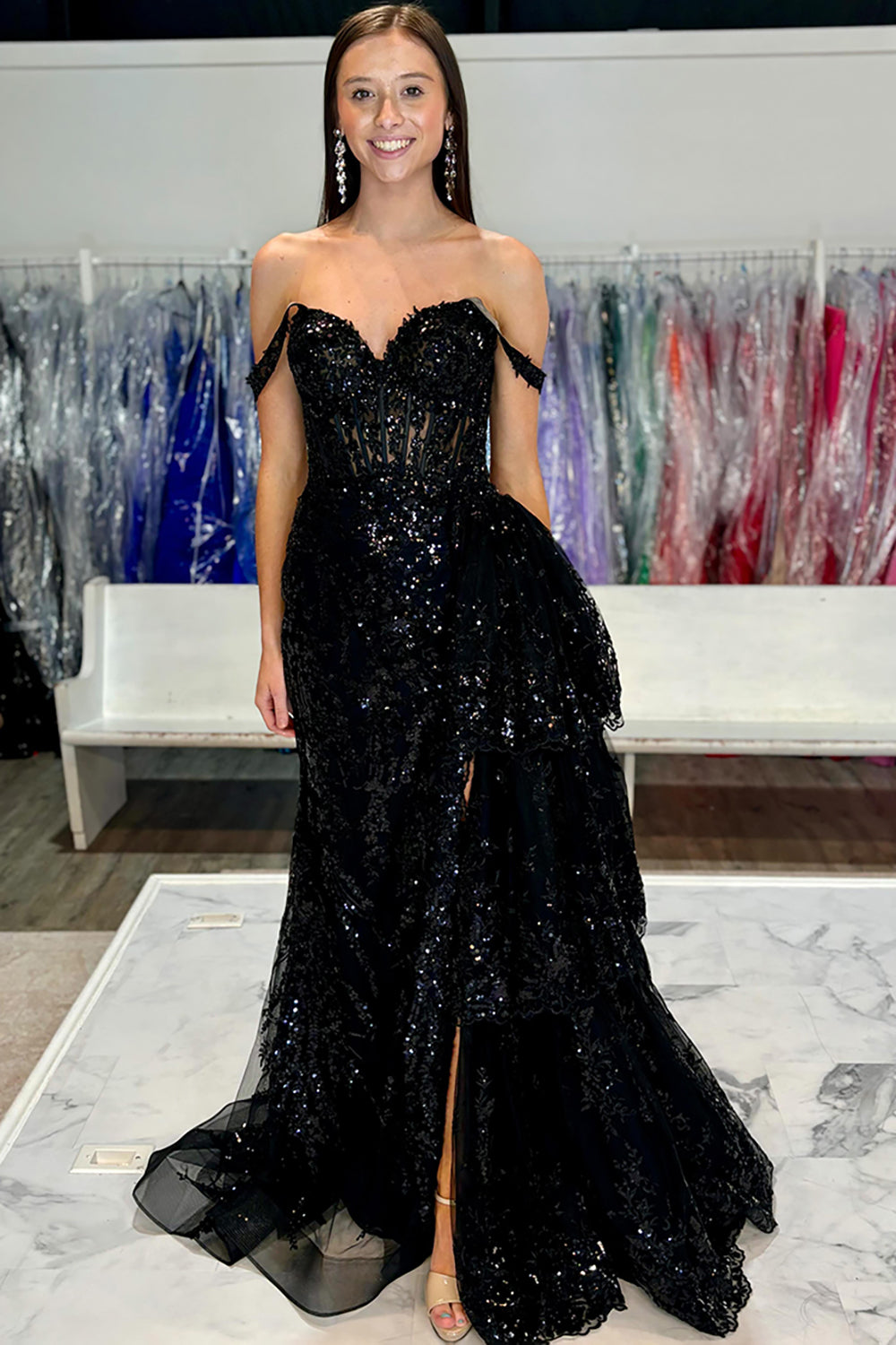 Black Sparkle Off-Shoulder Corset Prom Dress with Mermaid Silhouette and Tiered Tulle Applique