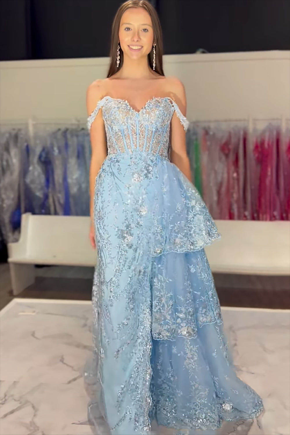 Black Sparkle Off-Shoulder Corset Prom Dress with Mermaid Silhouette and Tiered Tulle Applique