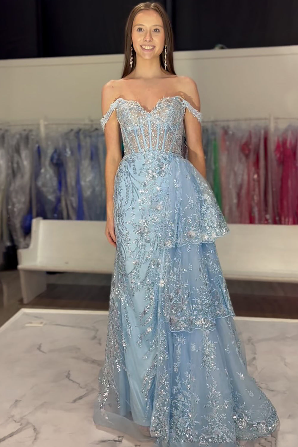 Black Sparkle Off-Shoulder Corset Prom Dress with Mermaid Silhouette and Tiered Tulle Applique