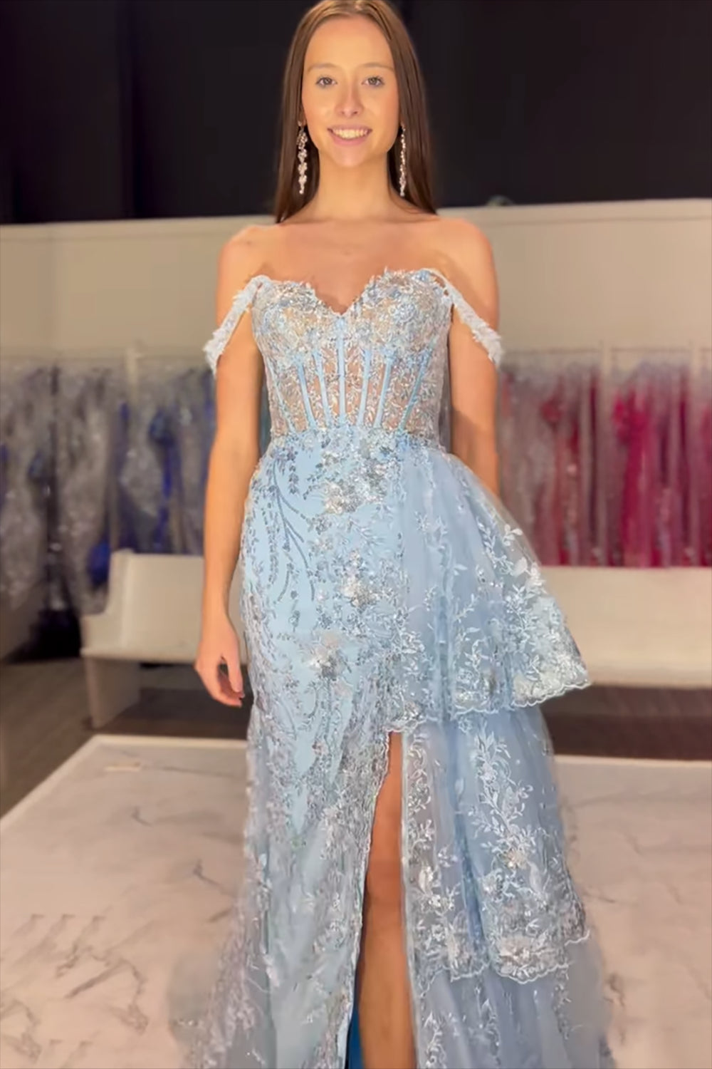 Black Sparkle Off-Shoulder Corset Prom Dress with Mermaid Silhouette and Tiered Tulle Applique