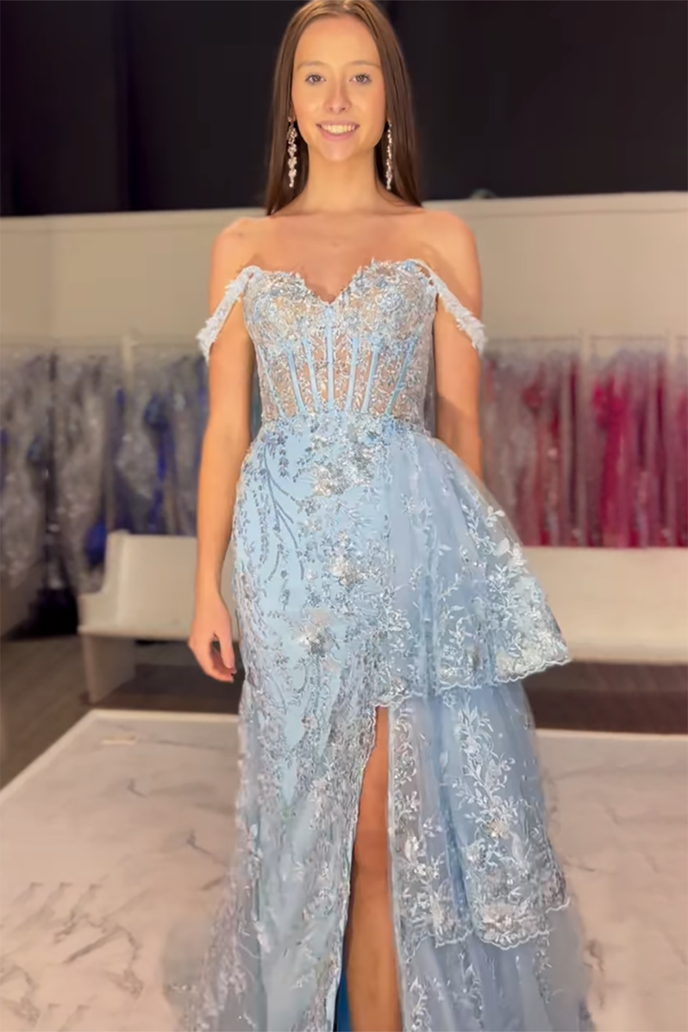 Black Sparkle Off-Shoulder Corset Prom Dress with Mermaid Silhouette and Tiered Tulle Applique