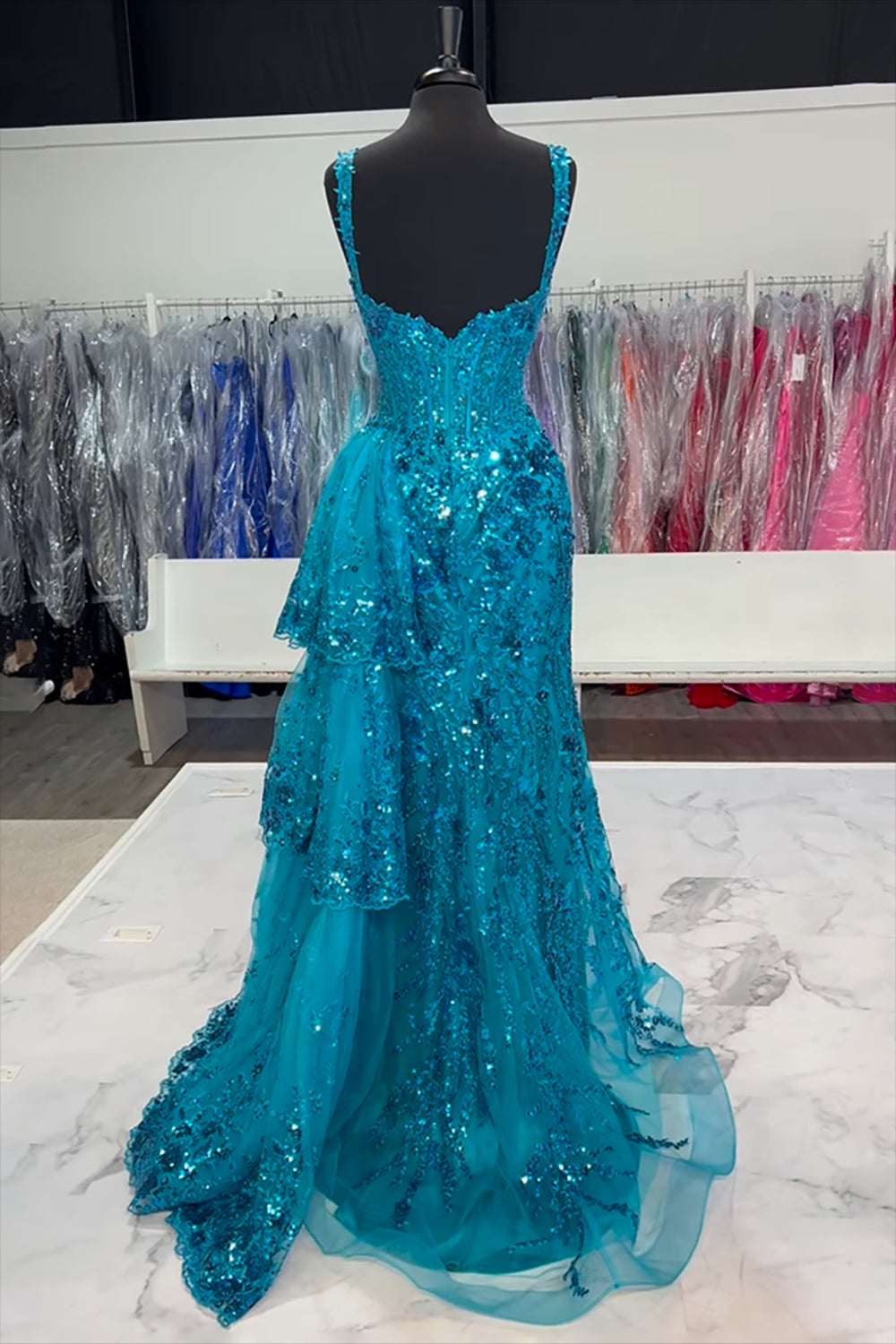 Black Sparkle Off-Shoulder Corset Prom Dress with Mermaid Silhouette and Tiered Tulle Applique