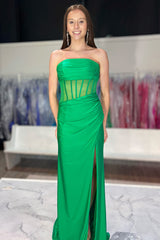 Long Satin Mermaid Prom Dress in Green with Strapless Corset and Slit