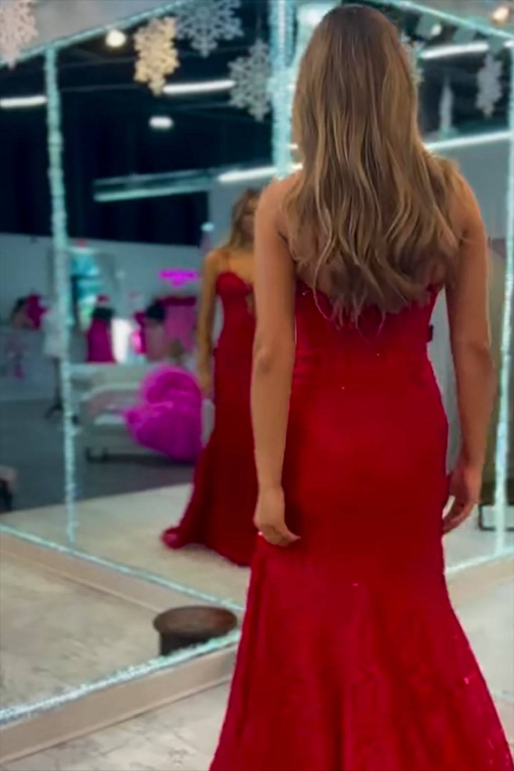 Long Mermaid Prom Dress with Sparkly Dark Red Beaded Corset and Spaghetti Straps Featuring a Slit