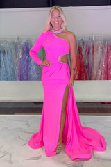 Long Fuchsia Prom Dress with Beading in One-Shoulder Mermaid Style and Cut-out Detail