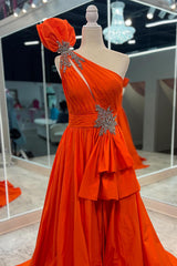 Long Black Satin Prom Dress with Beaded Ruffles and One Shoulder A-Line Design