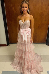 Princess Corset Prom Dress with Pink Spaghetti Straps Tulle Tiered Skirt and Bow Applique