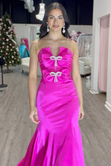 Long Fuchsia Satin Prom Dress with Sweetheart Neckline and Mermaid Bow
