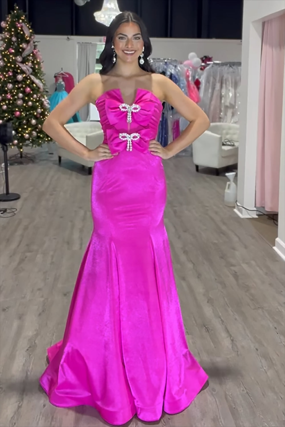 Long Fuchsia Satin Prom Dress with Sweetheart Neckline and Mermaid Bow