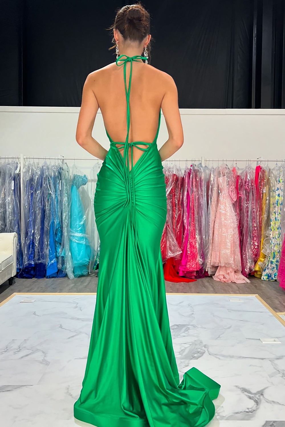 Long Backless Prom Dress in Green Satin with Halter Neck and Mermaid Style