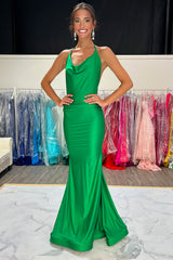 Long Backless Prom Dress in Green Satin with Halter Neck and Mermaid Style
