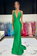 Long Backless Prom Dress in Green Satin with V Neck and Mermaid Style