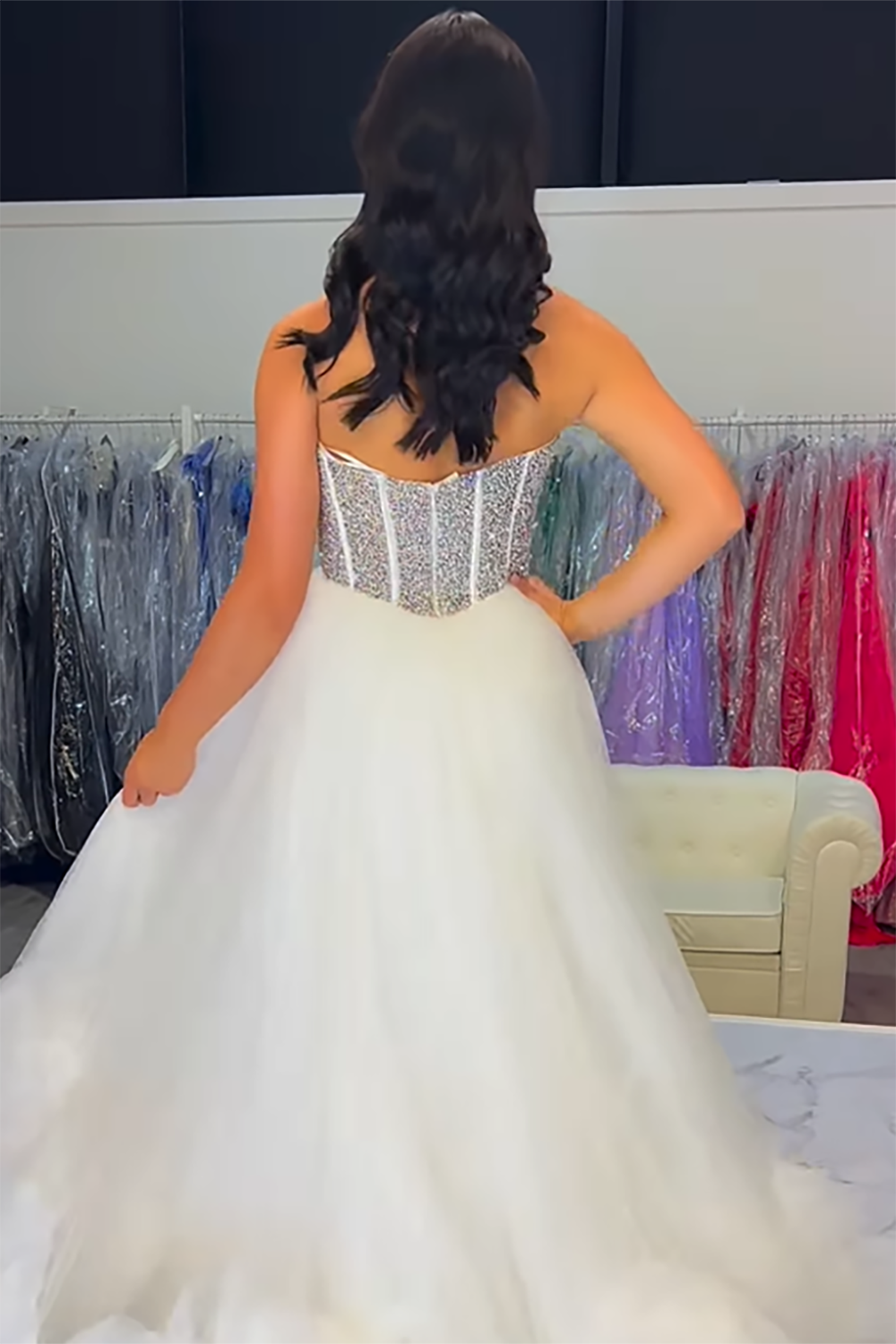 Long Corset Prom Dress in White Tulle with Sweetheart Princess Neckline and Slit