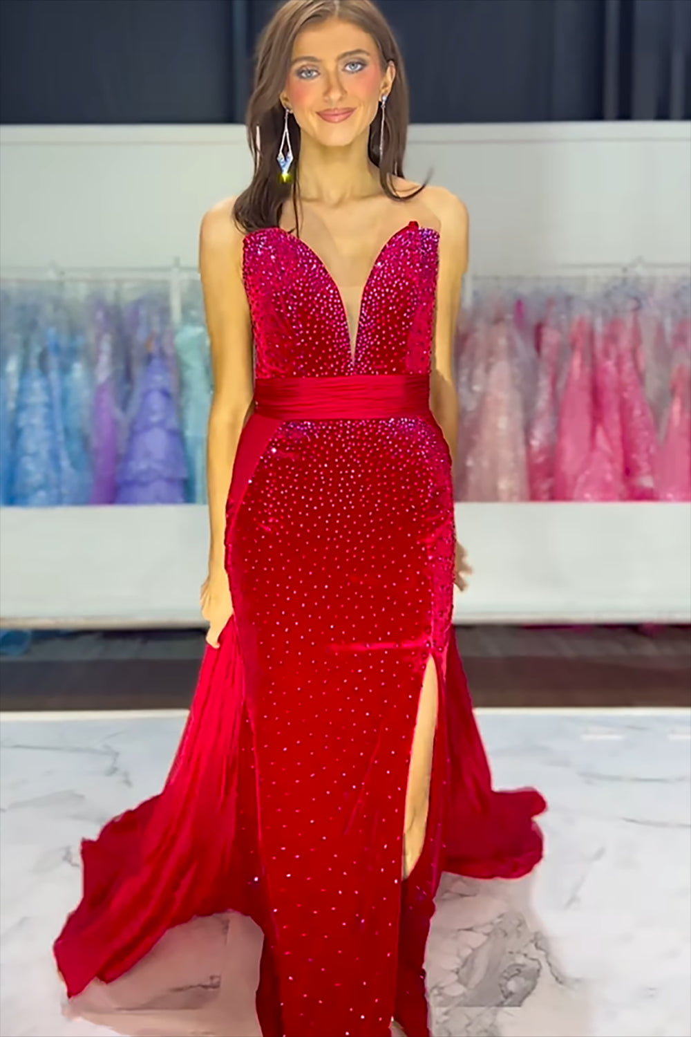 Long Velvet Prom Dress with Sparkly Red Beaded Sweetheart Mermaid Design and Slit
