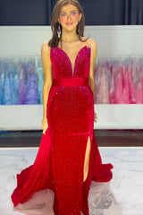 Long Velvet Prom Dress with Sparkly Red Beaded Sweetheart Mermaid Design and Slit