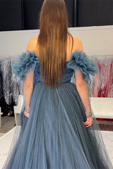 Princess Off-the-Shoulder Long Prom Dress in Grey Blue Tulle