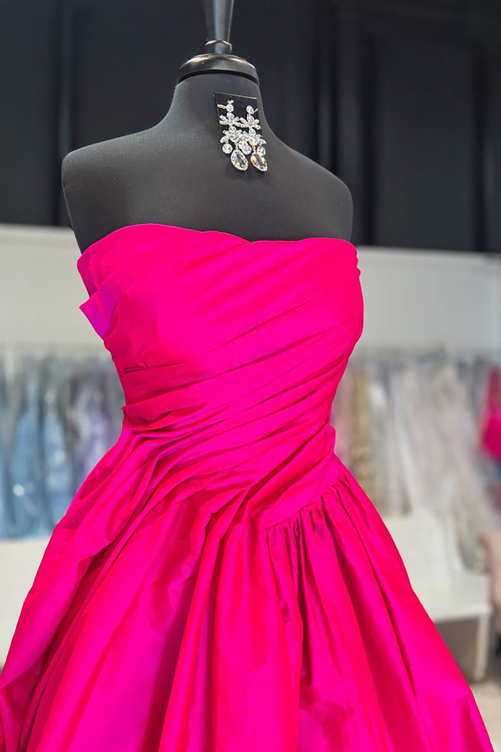 Long A-Line Satin Prom Dress in Fuchsia with Ruched Strapless Design