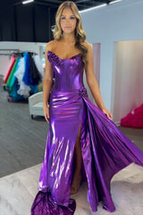 Metallic Long Purple Prom Dress with Slit Strapless Mermaid Style
