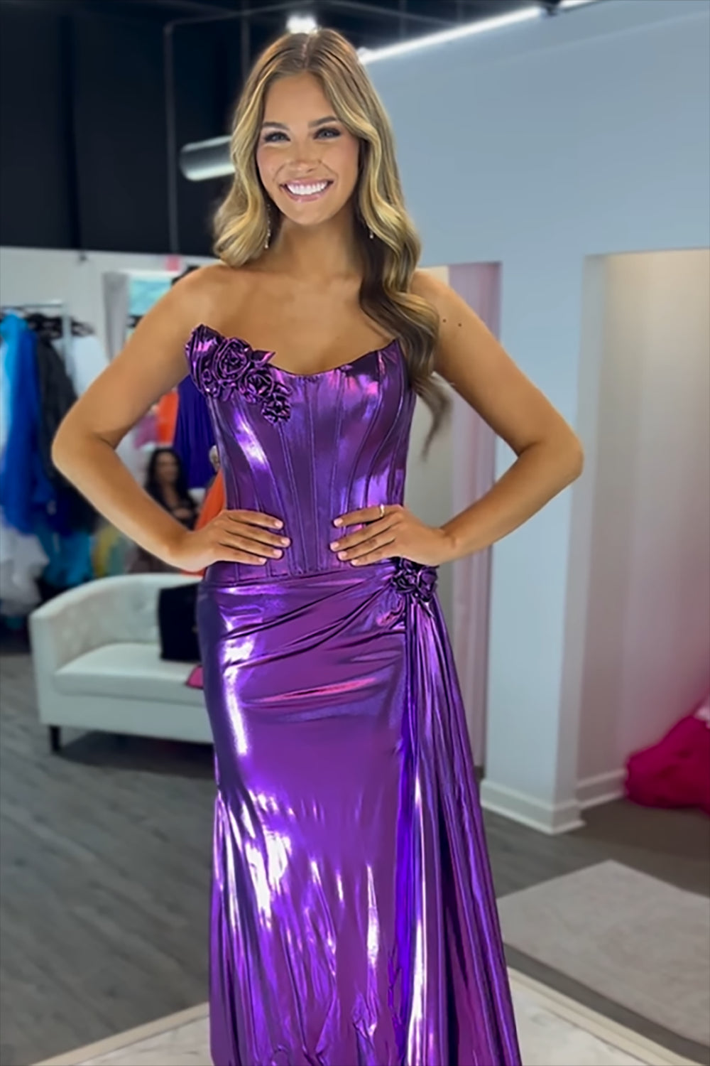 Metallic Long Purple Prom Dress with Slit Strapless Mermaid Style