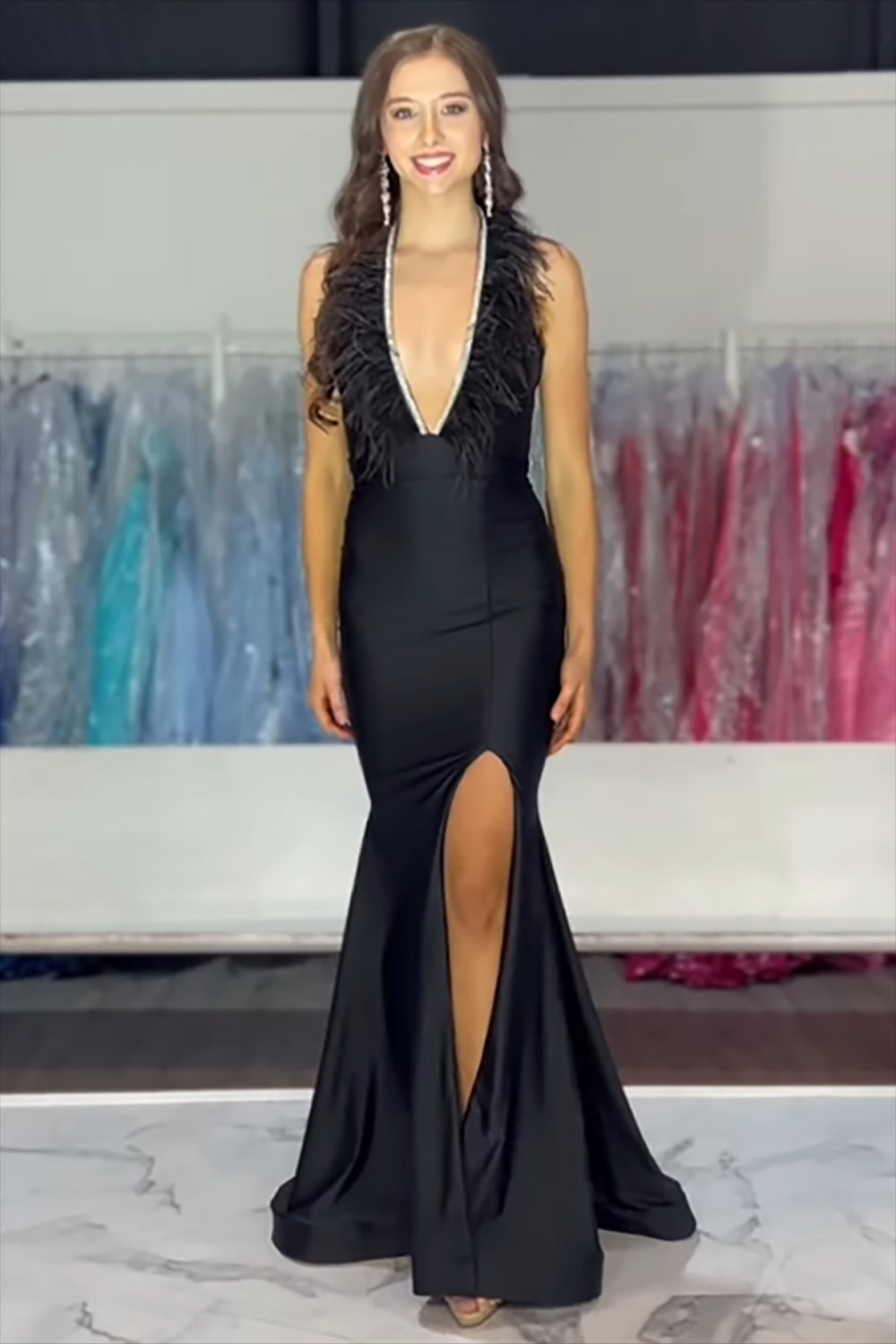 Long Black Satin Prom Dress with Halter Neck and Feather in Mermaid Style