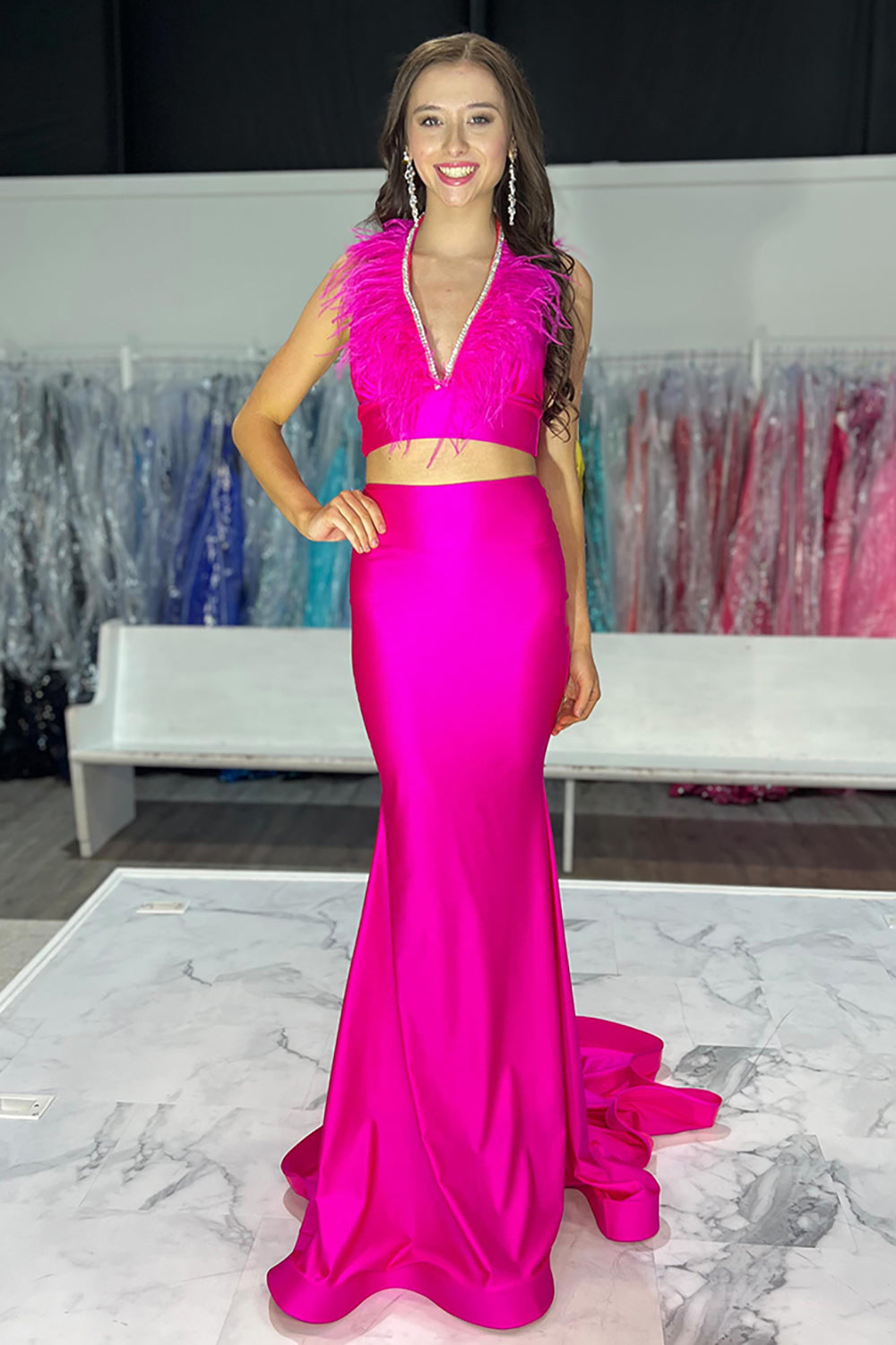 Long Fuchsia Mermaid Prom Dress in Satin with Halter Neck and Feather Two-Piece Set