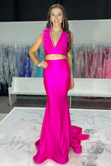 Long Fuchsia Mermaid Prom Dress in Satin with Halter Neck and Feather Two-Piece Set