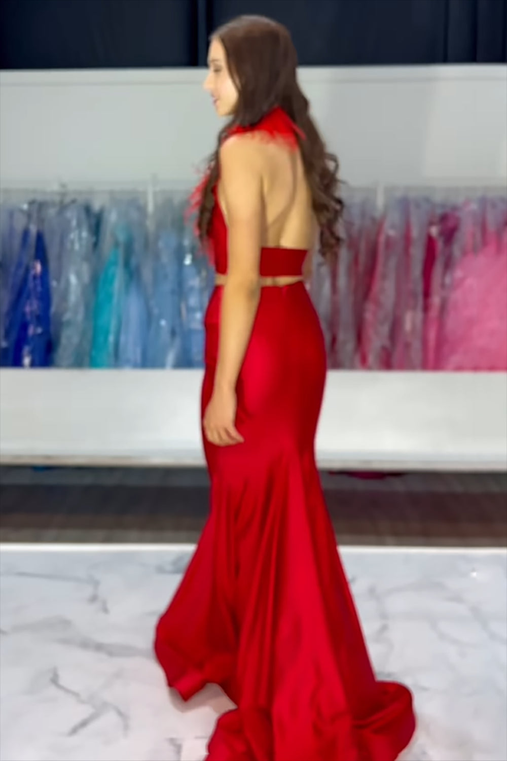 Long Fuchsia Mermaid Prom Dress in Satin with Halter Neck and Feather Two-Piece Set
