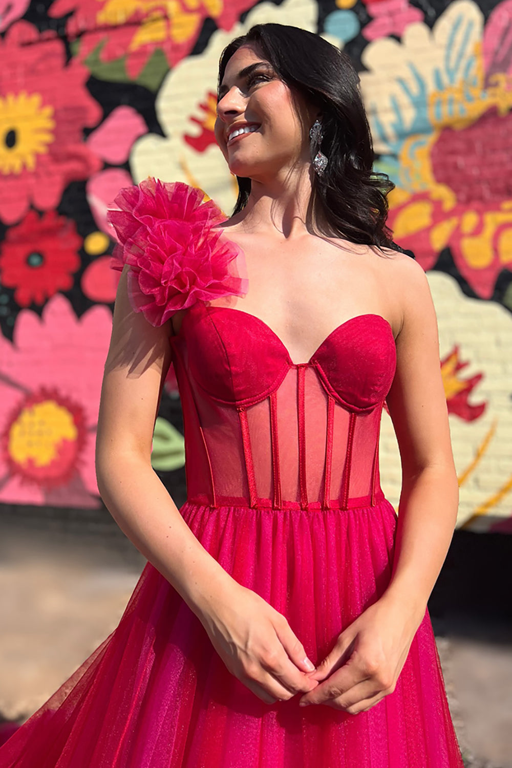 Long Fuchsia Corset Prom Dress with 3D Flowers in A-Line Tulle and One Shoulder