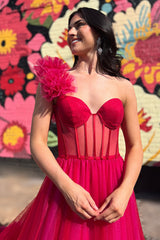 Long Fuchsia Corset Prom Dress with 3D Flowers in A-Line Tulle and One Shoulder