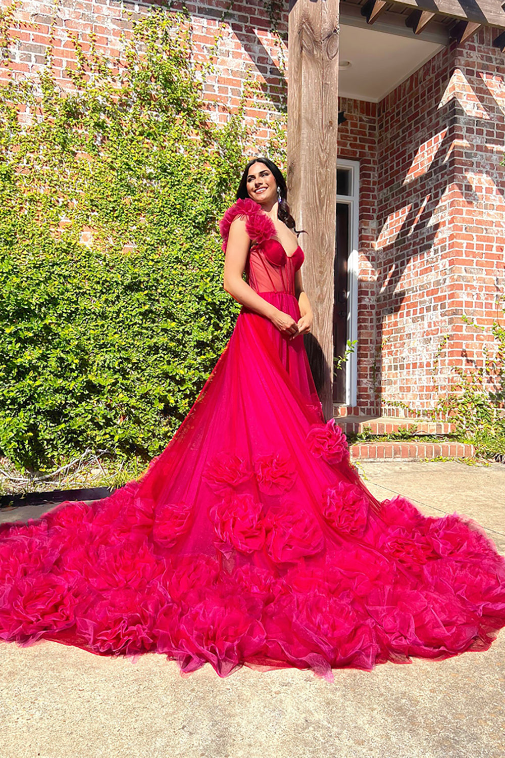 Long Fuchsia Corset Prom Dress with 3D Flowers in A-Line Tulle and One Shoulder