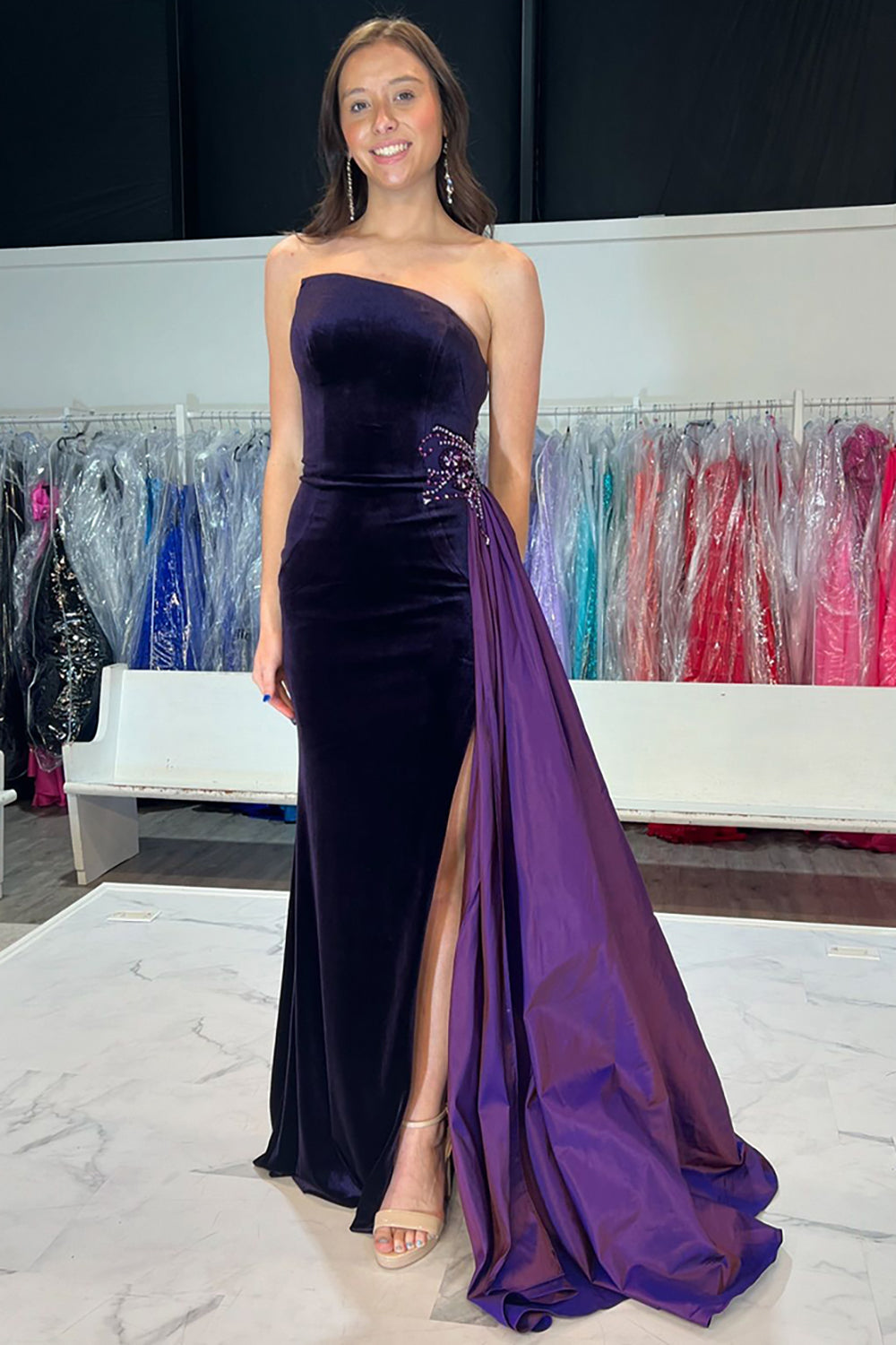 Velvet Royal Blue Long Mermaid Prom Dress with Strapless Neckline and Slit