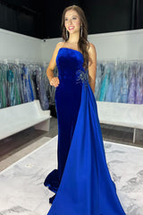 Velvet Royal Blue Long Mermaid Prom Dress with Strapless Neckline and Slit