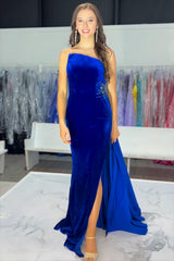 Velvet Royal Blue Long Mermaid Prom Dress with Strapless Neckline and Slit